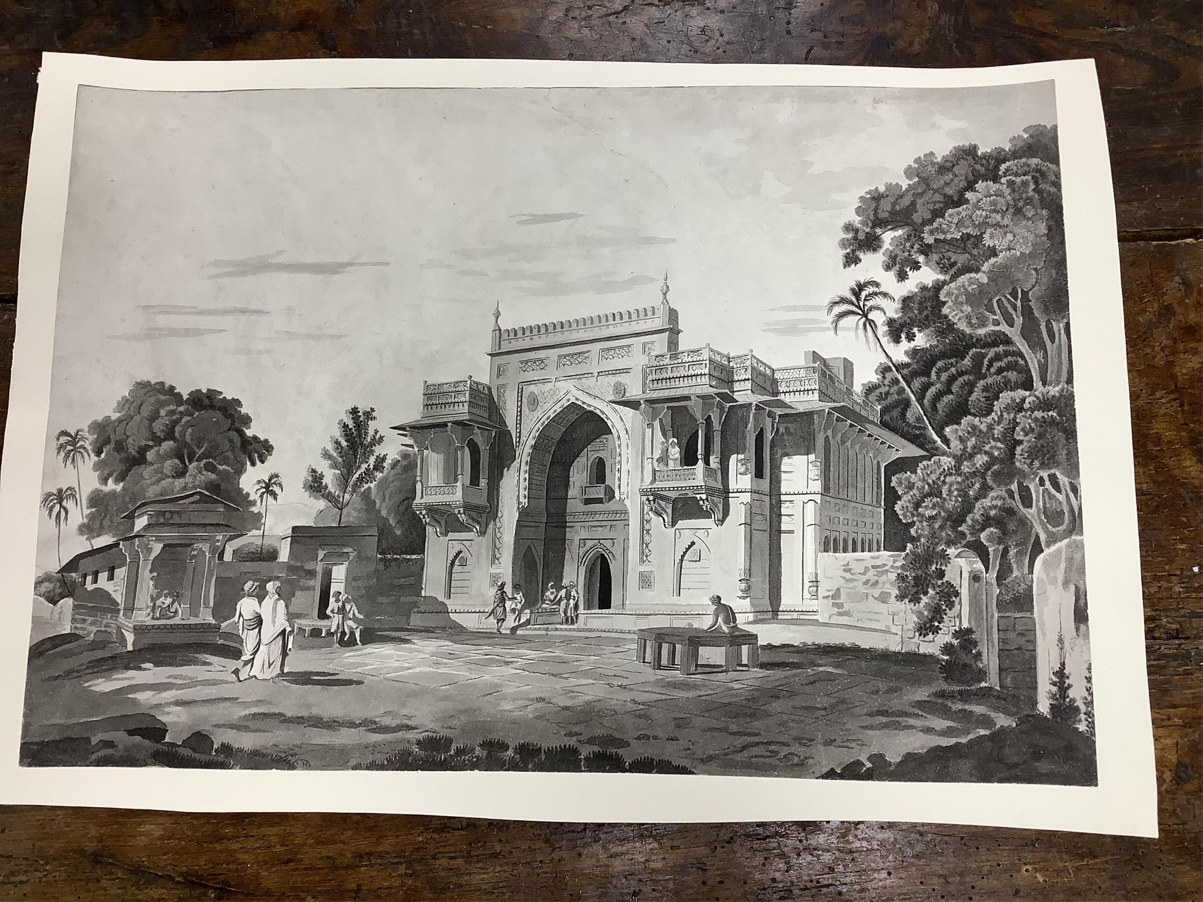 Manner of William Daniell RA (1769–1837), monochrome watercolour, Indian temple, 31 x 44.5cm. Condition - good